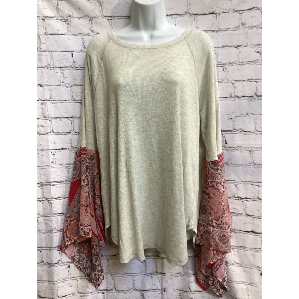 Hummingbird Oatmeal Thermal Knit Top Paisley Bell Sleeve Boho Raglan Large